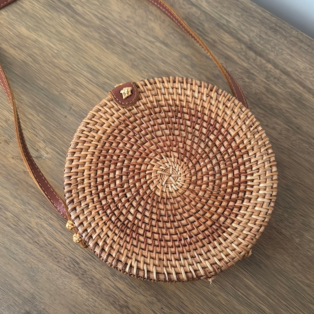 Round Woven Bag with Brown Strap
